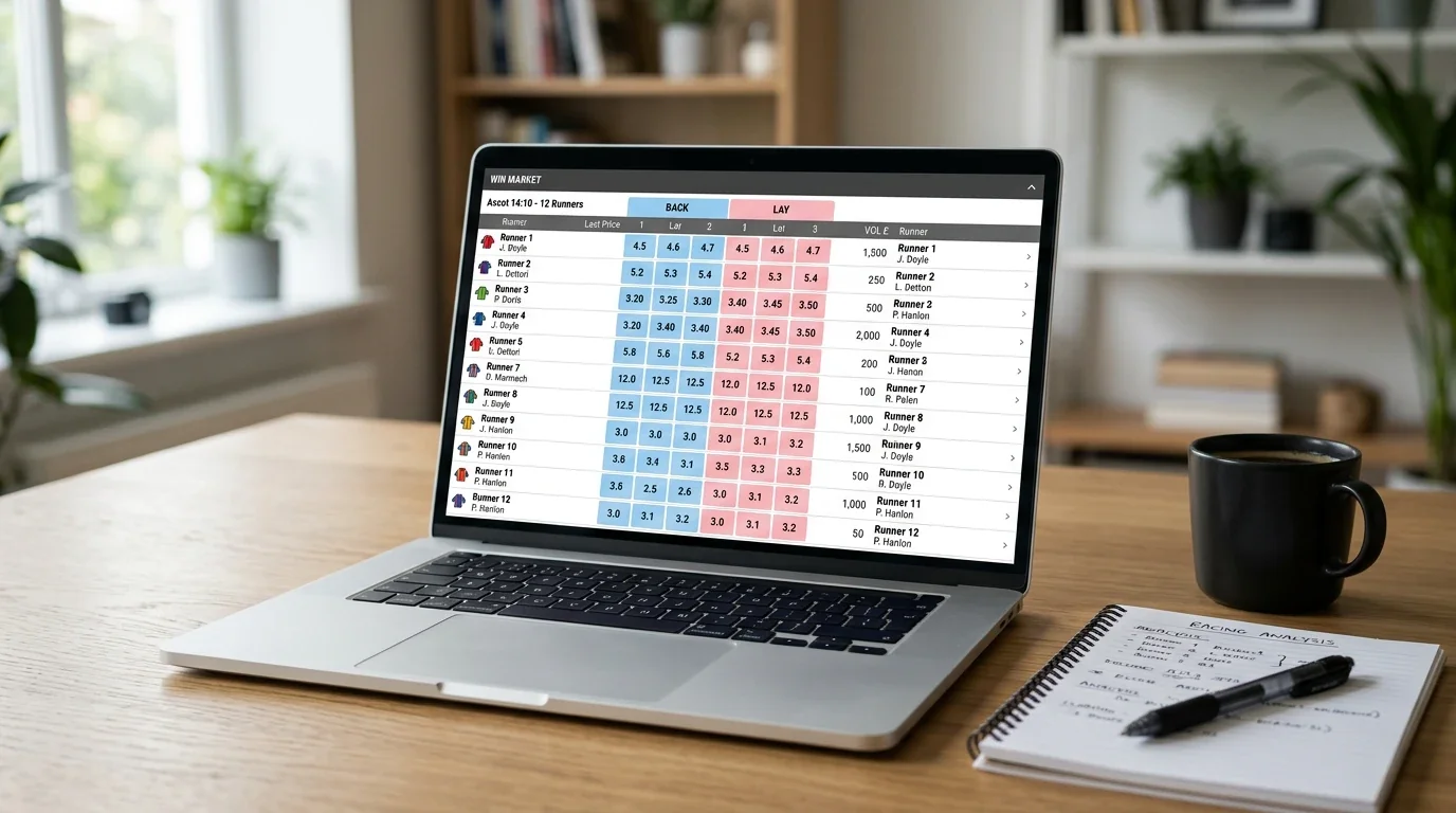 Laptop screen displaying a live betting exchange market for a UK horse race with back and lay columns