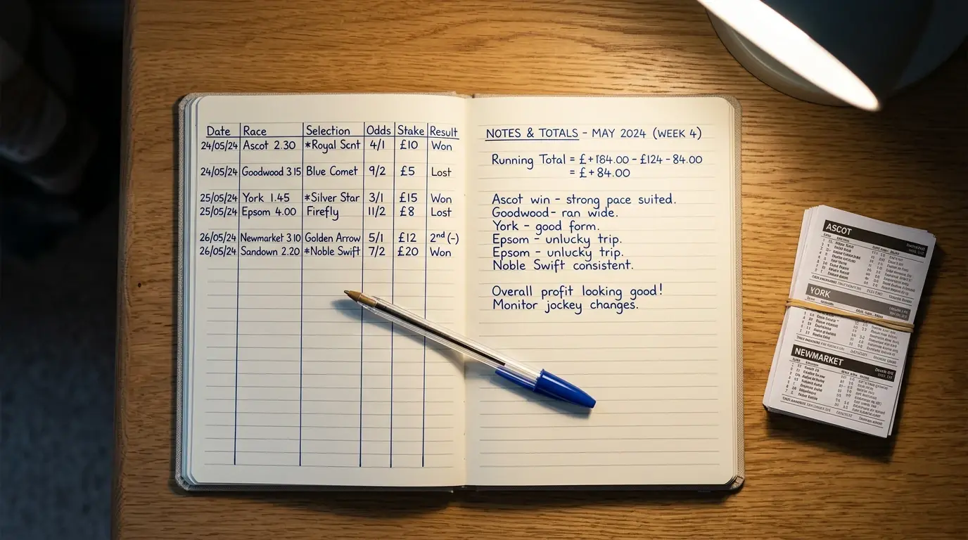 Open notebook with handwritten betting records next to a pen on a wooden desk