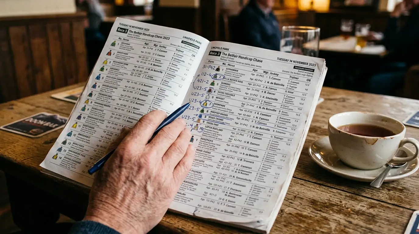 Close-up of a printed horse racing racecard with form figures and going data highlighted