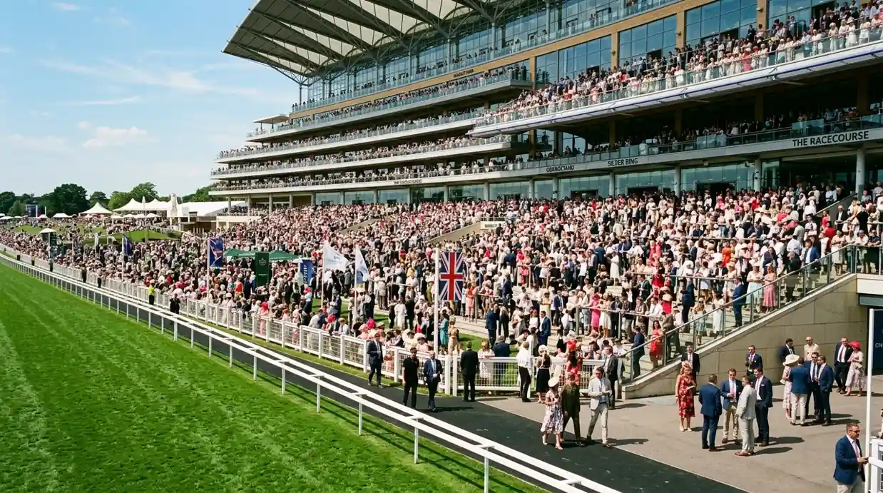 Packed grandstand at a UK racecourse during a major flat racing meeting